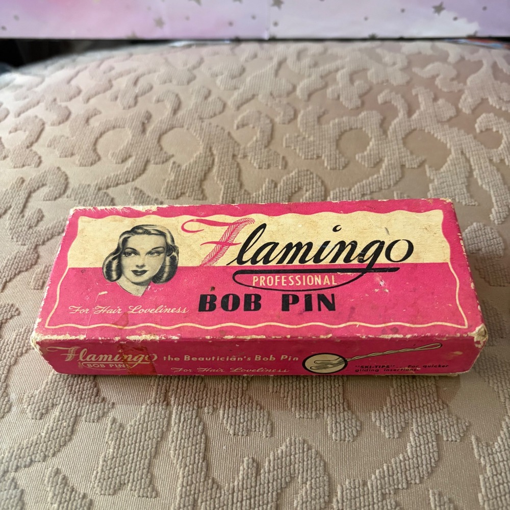 Vintage Flamingo Professional Bob Pin Box with Assorted Hair Pins and Clips